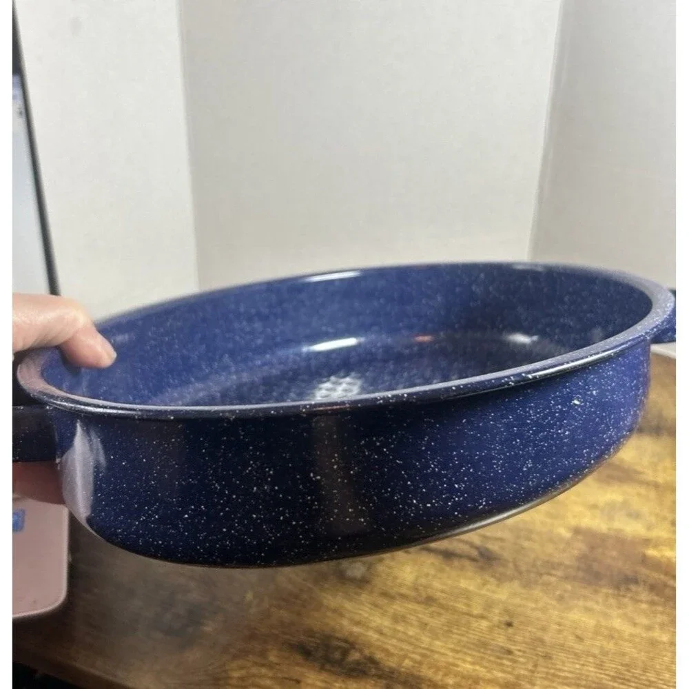 Vintage Blue Speckled Enamel Roasting Pan 14x9.5 Oval w/ Handles Bakeware